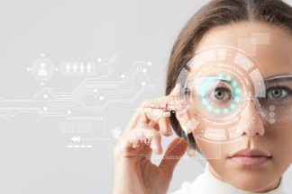 Woman with computer graphics overlaid on her face
